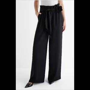 Express High Waisted Rosette Belted Paperbag Wide Leg Pant
